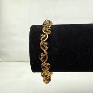 Handcrafted Copper Wire Wrapped Amber Tone Glass Bead Bracelet Artisan Jewelry